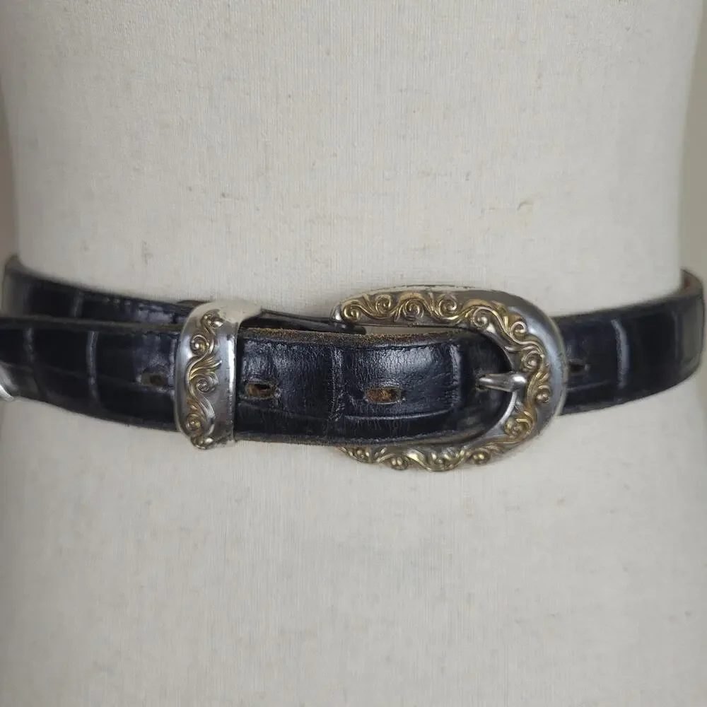 Vintage Black Leather Belt Womens Large Western Cowgirl Rodeo Croc Embossed 90s